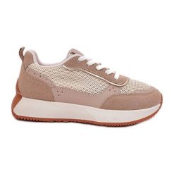 Buty Sportowe Damskie Z Siateczką Na Platformie Khaki beżowy. Brązowe buty treningowe bez wzorów, bez zapięcia. Za 170.48 zł.