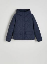 Pikowana kurtka z kapturem - granatowy. Niebieskie kurtki Reserved, l, bez wzorów, z tkaniny, z kapturem. Za 159.99 zł.
