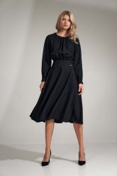 Czarna Rozkloszowana Midi Sukienka z Marszczeniami. Czarne sukienki Figl, s, bez wzorów, z materiału, bez kołnierzyka, bez ramiączek, midi, rozkloszowane. Za 349.00 zł.