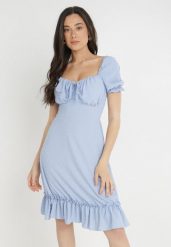 Niebieska Sukienka Andrelle. Niebieskie sukienki Born2be, s, bez wzorów, z tkaniny, bez kołnierzyka, bez ramiączek, mini, gorsetowe. Za 139.99 zł.