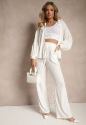 Białe Prążkowane Spodnie High Waist o Szerokim Kroju Belnella. Białe jeansy Renee, bez wzorów, z jeansu, eleganckie, z podwyższonym stanem. W wyprzedaży za 99.99 zł.