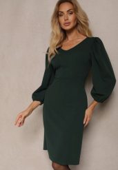 Ciemnozielona Sukienka o Dopasowanym Kroju z Lekko Bufiastymi Rękawami Zinnashira. Zielone sukienki Renee, m, z aplikacjami, eleganckie, bez kołnierzyka, bez ramiączek, midi, dopasowane. W wyprzedaży za 67.99 zł.