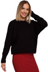 Czarny Klasyczny Luźny Sweter w Prążek. Czarne swetry MOE, l, bez wzorów, z materiału, klasyczne, bez ramiączek. Za 209.90 zł.