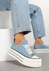 Niebieskie Casualowe Trampki na Platformie pod Kostkę Ravamis. Niebieskie trampki Renee, bez wzorów, z jeansu, bez zapięcia. W wyprzedaży za 67.99 zł.