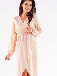 Sukienka Model A523 Beige - awama. Brązowe sukienki Awama, na komunię, l, bez wzorów, z elastanu, bez kołnierzyka, bez ramiączek. Za 345.43 zł.