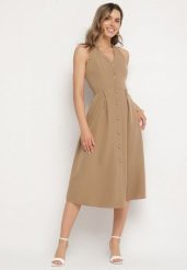 Ciemnobeżowa Sukienka na Szyję z Ozdobnymi Guzikami Folorea. Brązowe sukienki Born2be, m, bez wzorów, bez kołnierzyka, bez ramiączek, midi. Za 129.99 zł.