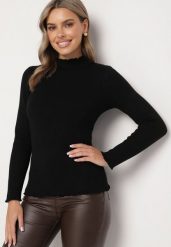 Czarny Sweter z Wełną i Ozdobną Falbanką przy Dekolcie Seanoria. Czarne swetry Born2be, l, z aplikacjami, z jeansu, eleganckie, bez ramiączek. W wyprzedaży za 76.49 zł.