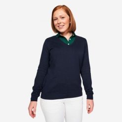 Sweter do golfa damski MW 100 dekolt w serek. Niebieskie swetry INESIS, l, bez wzorów, z bawełny, eleganckie, bez ramiączek. Za 69.99 zł.