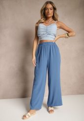Niebieskie Szerokie Spodnie Typu Palazzo High Waist Araneira. Niebieskie jeansy Renee, l, bez wzorów, z jeansu, eleganckie, z podwyższonym stanem. W wyprzedaży za 39.99 zł.
