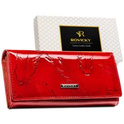Duży portfel damski czerwony lakierowany ze skóry naturalnej i ekologicznej RFID Rovicky RPN-24A-YM. Czerwone portfele ROVICKY, z aplikacjami, z lakierowanej skóry. Za 84.99 zł.