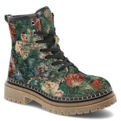 Botki damskie Artiker, materiałowe w kwiaty na płaskim obcasie i z okrąłym noskiem, zielone, 57C1053. Zielone botki Artiker, bez wzorów, z materiału, eleganckie, bez obcasa, na płaskiej podeszwie, bez zapięcia. Za 179.00 zł.