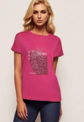 Ciemnoróżowy Bawełniany T-shirt z Ozdobnym Napisem i Cyrkoniami Krisiona. Czerwone t-shirty Born2be, l, bez wzorów, z bawełny, biznesowe, bez kołnierzyka, bez ramiączek. Za 59.99 zł.