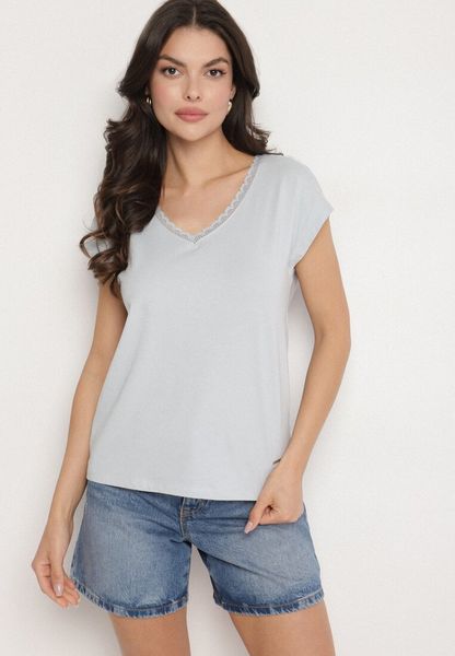 Jasnoniebieski Bawełniany T-shirt z Koronką przy Dekolcie Ralettia. Niebieskie t-shirty Born2be, l, bez wzorów, z bawełny, bez kołnierzyka, bez ramiączek. Za 49.99 zł.