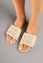 Beżowe Klapki na Płaskiej Podeszwie Zdobione Plecionką Zarivea. Brązowe klapki Born2be, z aplikacjami, eleganckie, bez obcasa, na płaskiej podeszwie, bez zapięcia. Za 79.99 zł.