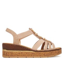 Sandały Rieker. Brązowe sandały Rieker, bez wzorów, bez obcasa, na koturnie, bez zapięcia. Za 339.99 zł.