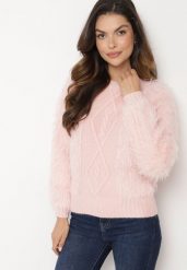 Różowy Sweter z Wełną o Wzorzystym Splocie z Ozdobną Fakturą Mirilena. Czerwone swetry Born2be, bez wzorów, z wełny, eleganckie, bez ramiączek. Za 64.99 zł.