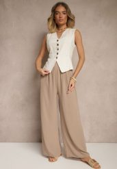 Ciemnobeżowe Szerokie Spodnie High Waist z Wiązaniem w Talii Reivaritta. Brązowe jeansy Renee, bez wzorów, z jeansu, biznesowe, z podwyższonym stanem. W wyprzedaży za 39.99 zł.
