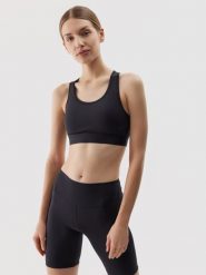 4F Biustonosz treningowy z niskim wsparciem z materiału z recyklingu damski - czarny S. Czarne biustonosze sportowe 4f, bez wzorów, z dzianiny, na fitness i siłownię. W wyprzedaży za 59.99 zł.