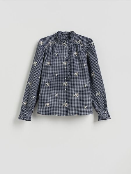 Koszula z haftem - granatowy. Niebieskie koszule Reserved, l, bez wzorów, z bawełny, bez kołnierzyka, bez ramiączek. Za 159.99 zł.