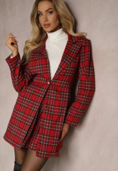 Czerwona Rozkloszowana Marynarka w Kartkę Zapinana na Ozdobny Guzik Delathria. Czerwone marynarki i żakiety Renee, l, bez wzorów, eleganckie, bez ramiączek. W wyprzedaży za 159.99 zł.