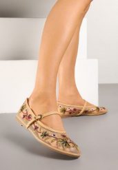 Beżowe Balerinki z Siateczki Ozdobione Haftem Zapinane na Sprzączkę Danilea. Brązowe baleriny Born2be, bez wzorów, bez obcasa, bez zapięcia. Za 79.99 zł.