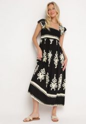 Czarna Boho Sukienka z Wiskozy na Szerokich Ramiączkach z Gumkami w Pasie i Falbanką Cleria. Czarne sukienki Born2be, na co dzień, l, bez wzorów, z wiskozy, boho, bez kołnierzyka, bez ramiączek, maxi, kopertowe. Za 139.99 zł.