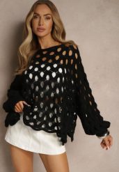 Czarny Nietoperzowy Sweter z Dzianiny z Wełną o Ażurowym Splocie Filarasea. Czarne swetry Renee, w ażurowe wzory, z dzianiny, casualowe, bez ramiączek. W wyprzedaży za 135.99 zł.