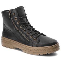 Czarne Botki Rieker Modne Obuwie Damskie. Czarne botki Rieker, bez wzorów, z gumy, bez obcasa, bez zapięcia. Za 299.00 zł.