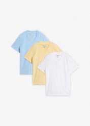 T-shirt z dekoltem w serek, z czystej bawełny organicznej, 3 szt. Niebieskie t-shirty bonprix, uniwersalny, bez wzorów, z bawełny, bez kołnierzyka, bez ramiączek. Za 114.99 zł.