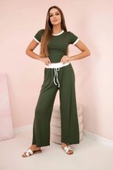 Komplet prążkowany bluzka + spodnie z szeroką nogawką khaki. Brązowe bluzki KESI, l, bez wzorów, z dresówki, biznesowe, bez kołnierzyka, plus size, bez ramiączek. Za 217.48 zł.