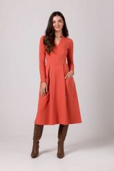 Rozkloszowana Sukienka z Kieszeniami - Ceglasta. Czerwone sukienki MOE, l, bez wzorów, z bawełny, bez kołnierzyka, bez ramiączek, rozkloszowane. Za 344.90 zł.
