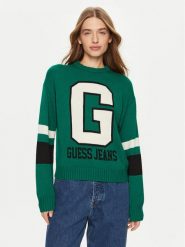 Guess Jeans Sweter W4BR11 Z3HN2 Zielony Regular Fit. Zielone swetry Guess Jeans, xl, z aplikacjami, z jeansu, bez ramiączek. Za 239.99 zł.