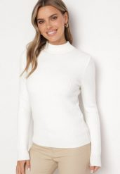 Biały Sweter z Wiskozą i Golfem z Elastycznego Prążkowanego Materiału Nikiella. Białe swetry Born2be, bez wzorów, z materiału, eleganckie, bez ramiączek. W wyprzedaży za 76.49 zł.