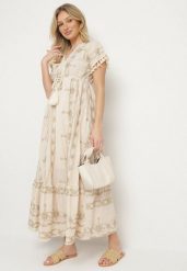 Beżowa Bawełniana Sukienka w Boho Print Rozkloszowana z Metalicznymi Haftami i Frędzlami Divilea. Brązowe sukienki Born2be, na co dzień, l, bez wzorów, z bawełny, boho, bez kołnierzyka, bez ramiączek, maxi, rozkloszowane. Za 229.99 zł.