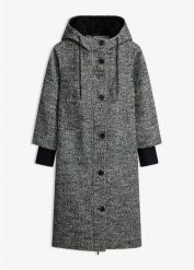 Płaszcz z materiału w optyce tweedu, z mankietami z dzianiny. Czarne płaszcze bonprix, bez wzorów, z dzianiny, eleganckie, bez kaptura. Za 349.99 zł.