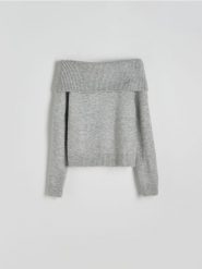 Sweter z odkrytymi ramionami - szary. Szare swetry Reserved, l, bez wzorów, z dzianiny, bez ramiączek. W wyprzedaży za 89.99 zł.