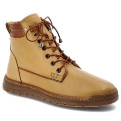 Trzewiki damskie Artiker, skórzane za kostkę na platformie z okrągłym noskiem i ocieplane futerkiem, żółte, 57C2059. Żółte botki Artiker, bez wzorów, ze skóry, klasyczne, z okrągłym noskiem, za kostkę, bez obcasa, na platformie, bez zapięcia. Za 279.00 zł.