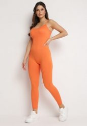 Pomarańczowy Elastyczny Kombinezon Dopasowany Bodycon na Cienkich Regulowanych Ramiączkach Xantella. Brązowe sukienki Born2be, bez wzorów, sportowe, bez kołnierzyka, bez ramiączek, bodycon. Za 79.99 zł.