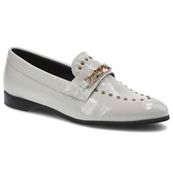 Lordsy damskie Lamanti, naturalna skóra licowa o lakierowanym wykończeniu z paskiem na podbiciu z metalowym łańcuchem metalowymi detalami oraz niską. Szare półbuty wsuwane LAMANTI, bez wzorów, ze skóry, biznesowe, bez obcasa, na płaskiej podeszwie. Za 279.00 zł.