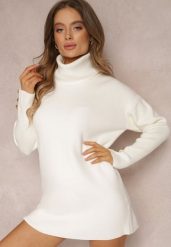 Biały Golf Dzianinowy z Długim Rękawem i Guzikami Sel. Białe swetry Renee, bez wzorów, z dzianiny, bez ramiączek. W wyprzedaży za 119.99 zł.