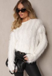Biały Futrzany Sweter z Wełną Liarisae. Białe swetry Renee, na jesień, bez wzorów, z futra, casualowe, bez ramiączek. W wyprzedaży za 79.99 zł.