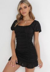 Czarna Ażurowa Sukienka Mini z Kwadratowym Dekoltem i Falbankami z Bawełny Michala. Czarne sukienki Born2be, l, w ażurowe wzory, z bawełny, eleganckie, bez kołnierzyka, bez ramiączek, mini. W wyprzedaży za 110.49 zł.