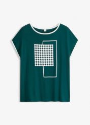 T-shirt z kontrastową lamówką. Zielone t-shirty bonprix, bez wzorów, eleganckie, bez kołnierzyka, bez ramiączek. Za 19.99 zł.