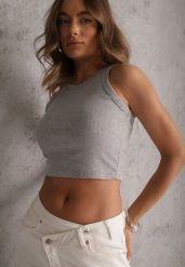 Szary Top na Ramiączkach Basic Prążkowany Zitira. Szare topy Renee, m, bez wzorów, z jeansu, bez kołnierzyka, bez ramiączek. Za 39.99 zł.