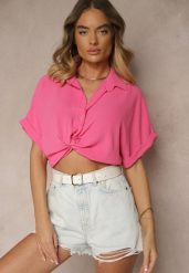 Fuksjowa Koszula o Kroju Oversize Natressa. Czerwone koszule Renee, z aplikacjami, z jeansu, biznesowe, bez kołnierzyka, bez ramiączek. W wyprzedaży za 52.49 zł.