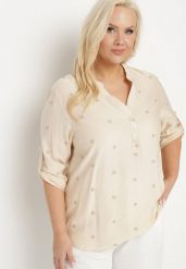 Beżowa Wiskozowa Koszula z Metaliczną Nicią i Haftami w Gwiazdki Xarbia. Brązowe koszule Born2be, xl, bez wzorów, z jeansu, eleganckie, bez kołnierzyka, bez ramiączek. W wyprzedaży za 76.49 zł.