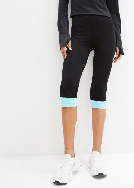 Legginsy rybaczki sportowe z kontrastowym ściągaczem. Czarne legginsy bonprix, bez wzorów, z bawełny, sportowe. Za 34.99 zł.