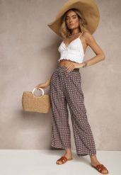 Czerwono-Szare Spodnie o Szerokim Kroju High Waist z Geometrycznym Wzorem Farisia. Szare jeansy Renee, l, bez wzorów, z bawełny, eleganckie, z podwyższonym stanem. W wyprzedaży za 27.99 zł.