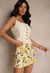 Beżowe Spódnico-Szorty High Waist z Motywem Cytryn Nitiria. Brązowe szorty Renee, z aplikacjami, eleganckie. W wyprzedaży za 83.99 zł.