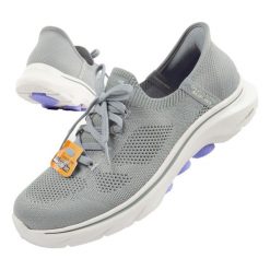 Buty damskie sportowe Skechers Go Walk 7-Via SLIP-INS. Szare buty sportowe lifestyle Skechers, bez wzorów, bez zapięcia, trekkingowe. Za 229.00 zł.